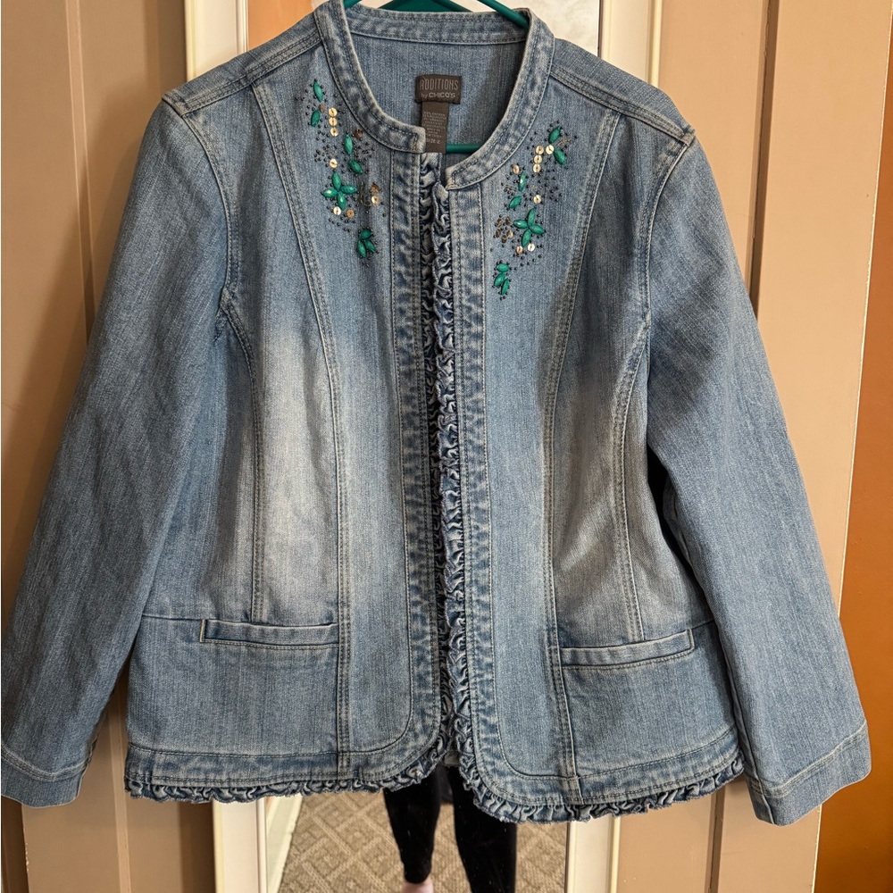 Chico's Blue Embroidered Jean Jacket